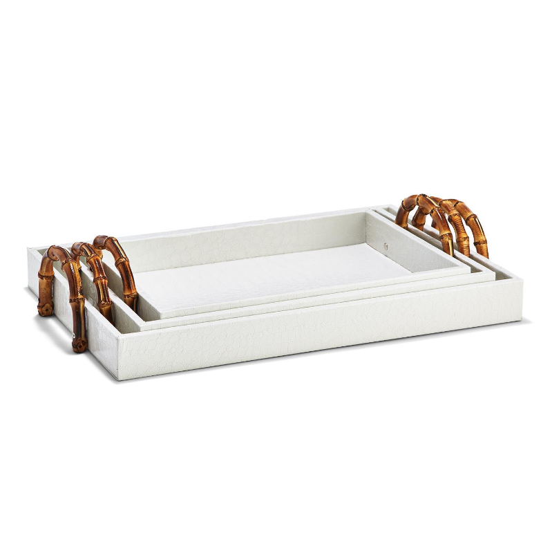 White Crocodile Decorative Rectangle Trays with Bamboo Handles