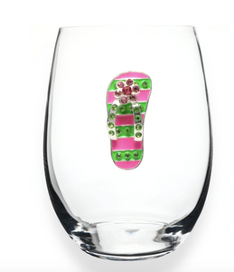 Pink and Green Striped Flip Flop Jeweled Stemless Glass