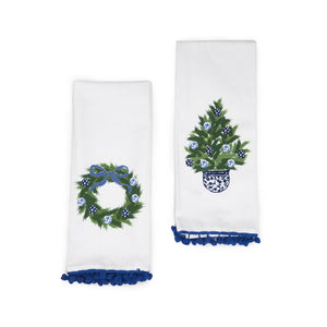 Chinoiserie Holiday Dish Towels with Pom Pom Trim - Set of 2