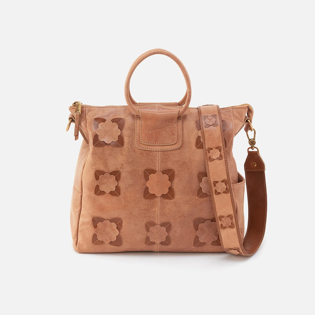 HOBO Sheila Floral Appliqué Large Satchel in Buffed Leather - Tan