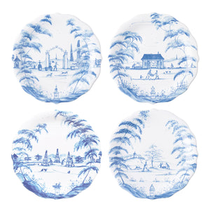 Country Estate Party Plates Set/4 Spring Gardening Scenes - Delft Blue
