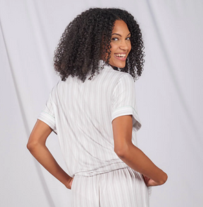 Lucy Short Sleeve Button-Up Top - Grey Stripe- FINAL SALE