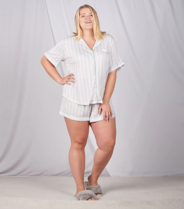 Lucy Short Sleeve Button-Up Top - Grey Stripe- FINAL SALE