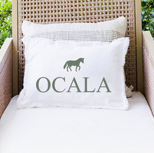 Load image into Gallery viewer, Custom White Canvas Small Rectangular Pillow - OCALA with Horse Motif

