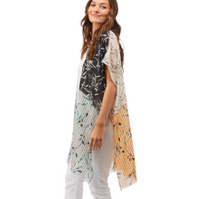 Load image into Gallery viewer, Mix It Up Printed Color Blocked Kimono with Eyelash Fringe Trim
