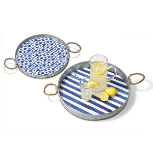 Santorini Serving Tray - Blue and White Watercolor with Rope Handles