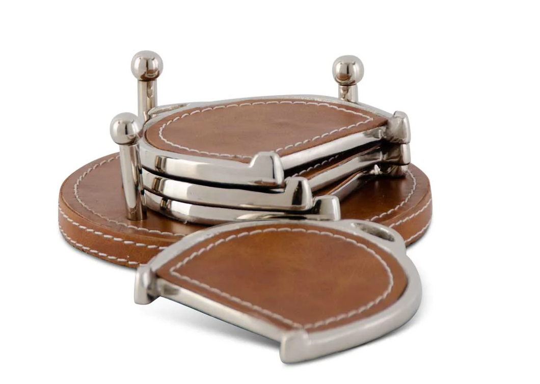 Brown Leather Stitch Horse Bit Coasters -Set of 4