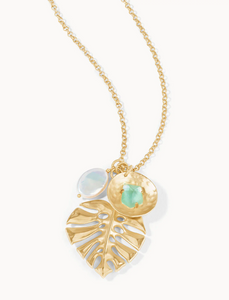 Monstera Charm Necklace Gold Aqua Pearlescent