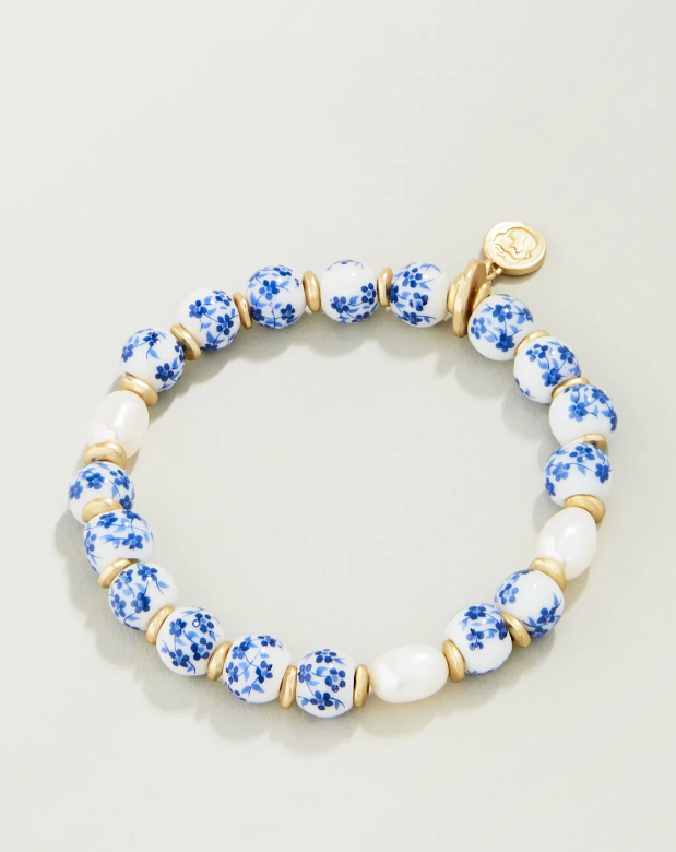 Ceramic Bead Stretch Bracelet 8mm Blue Flowers