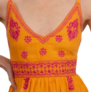 Hand Embroidered Midi/Maxi Dress - Fiesta Time - Pink/Orange