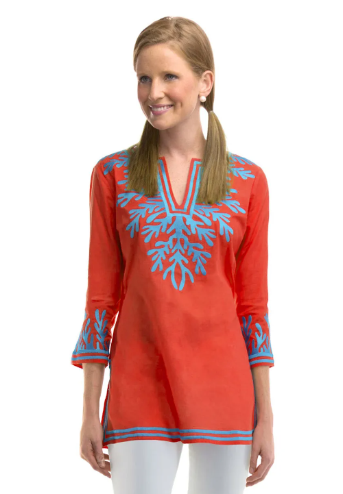 Cotton Embroidered Tunic - The Reef - Coral/Turquoise