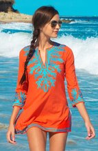 Load image into Gallery viewer, Cotton Embroidered Tunic - The Reef - Coral/Turquoise
