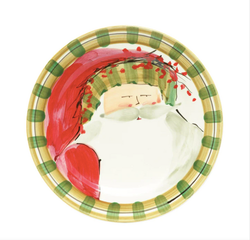 Plate painted with Santa in a green stripe hat