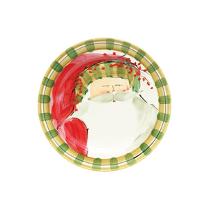 Vietri Old St. Nick Round Salad Plate with Santa wearing a hat with green stripe trim