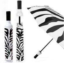 Load image into Gallery viewer, Vinrella Zebra Bottle Umbrella in three views, open umbrella, closed bottle open bottle
