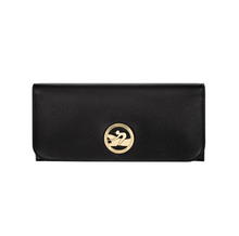 Load image into Gallery viewer, Longchamp Box-Trot Long Continental Wallet Black with gold accents 
