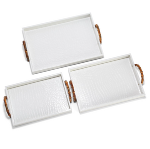 White Crocodile Decorative Rectangle Trays with Bamboo Handles
